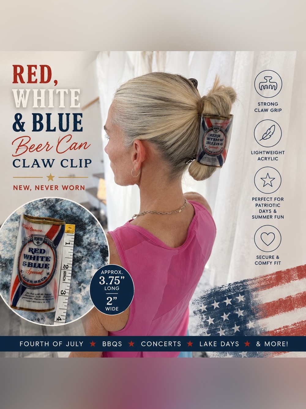 Red White & Blue Beer Can Claw Hair Clip Novelty Patriotic USA NWT